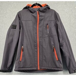 Distortion‎ Outdoor Tech Jacket Mens M Gray Orange Full Zip Hooded Fleece Lined